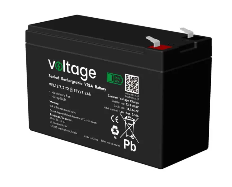 Akumulator AGM Voltage Long Life 12V 7,2Ah VEL12-7.2 T2 (Żywotność 15 lat)