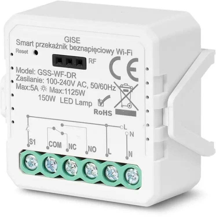 GISE Smart Pojedynczy moduł przekaźnikowy bezpotencjałowy WiFi | Tuya | GSS-WF-DR