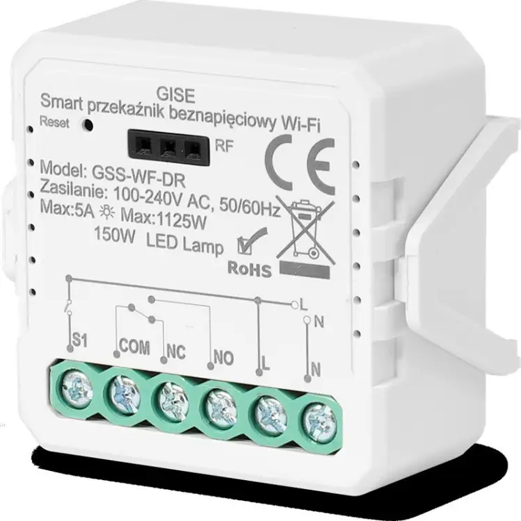 GISE Smart Pojedynczy moduł przekaźnikowy bezpotencjałowy WiFi | Tuya | GSS-WF-DR