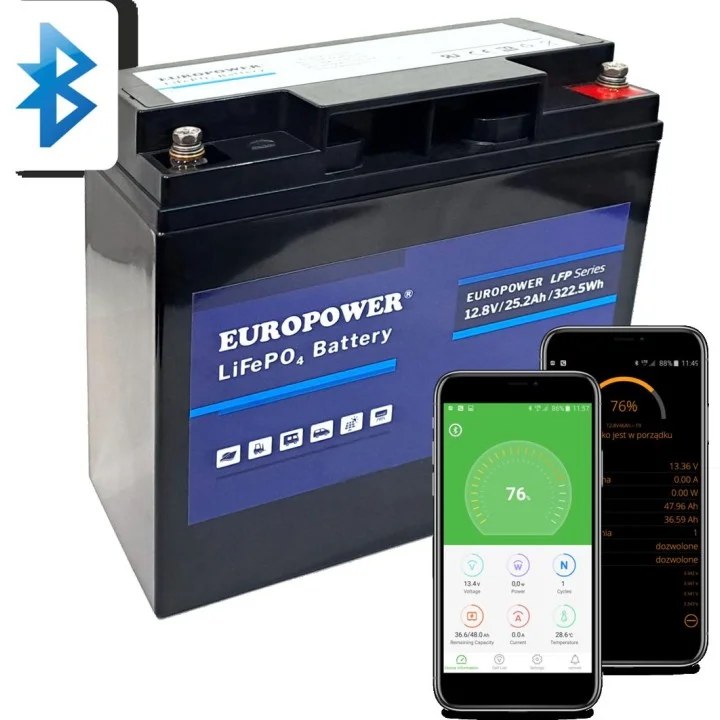 Akumulator LiFePO4 EUROPOWER serii LFP 12,8V 25,2Ah Bluetooth (Żywotność ~2000 cykli)