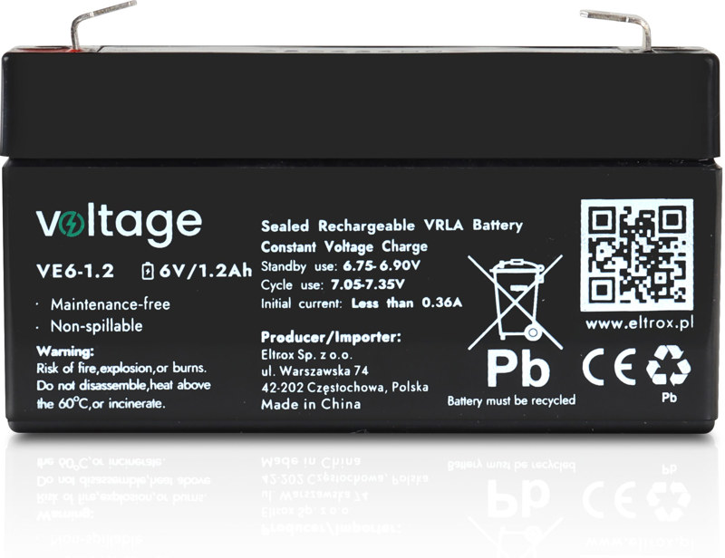 Akumulator AGM Voltage 6V 1,2Ah VE6-1.2 (Żywotność 6-9 lat) Akumulator AGM Voltage 6V 1,2Ah VE6-1.2 (Żywotność 6-9 lat)