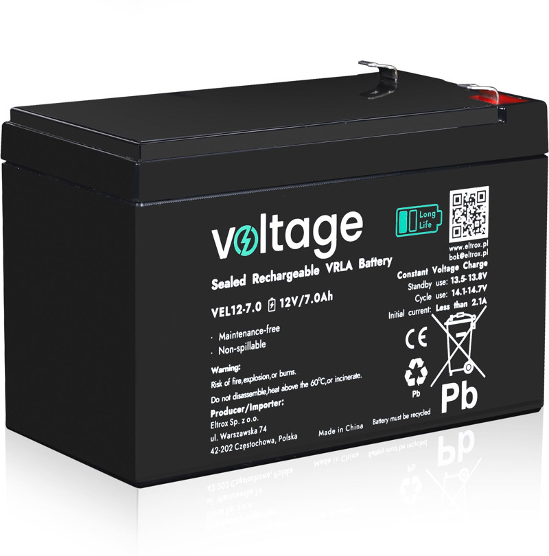 Akumulator AGM Voltage Long Life 12V 7Ah VEL12-7.0 (Żywotność 15 lat)