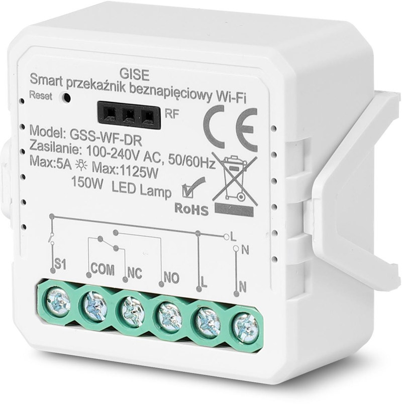 GISE Smart Pojedynczy moduł przekaźnikowy bezpotencjałowy WiFi | Tuya | GSS-WF-DR GISE Smart Pojedynczy moduł przekaźnikowy bezpotencjałowy WiFi | Tuya | GSS-WF-DR