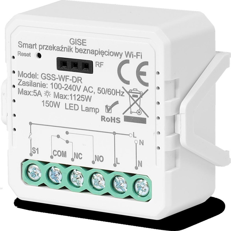 GISE Smart Pojedynczy moduł przekaźnikowy bezpotencjałowy WiFi | Tuya | GSS-WF-DR GISE Smart Pojedynczy moduł przekaźnikowy bezpotencjałowy WiFi | Tuya | GSS-WF-DR