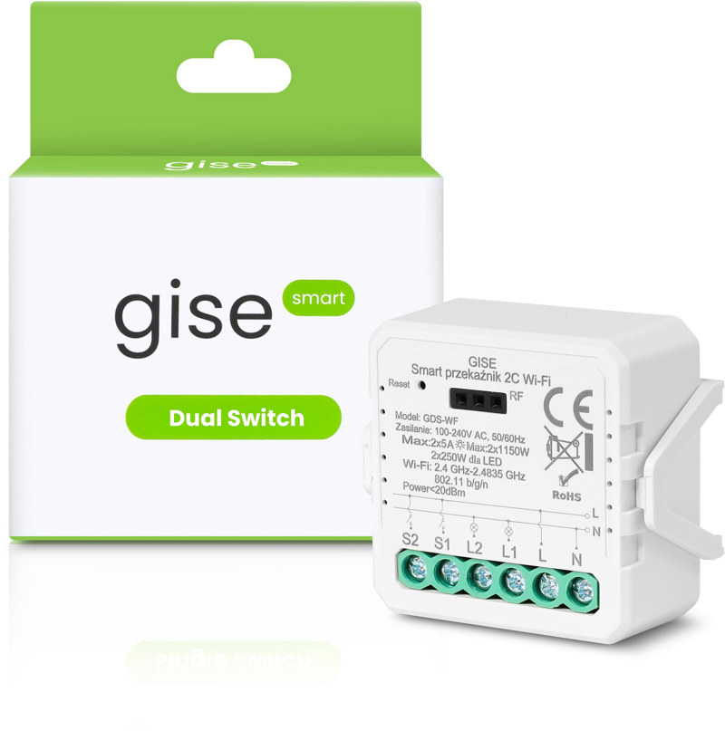 GISE Smart Podwójny moduł przekaźnikowy WiFi | Tuya | GDS-WF GISE Smart Podwójny moduł przekaźnikowy WiFi | Tuya | GDS-WF