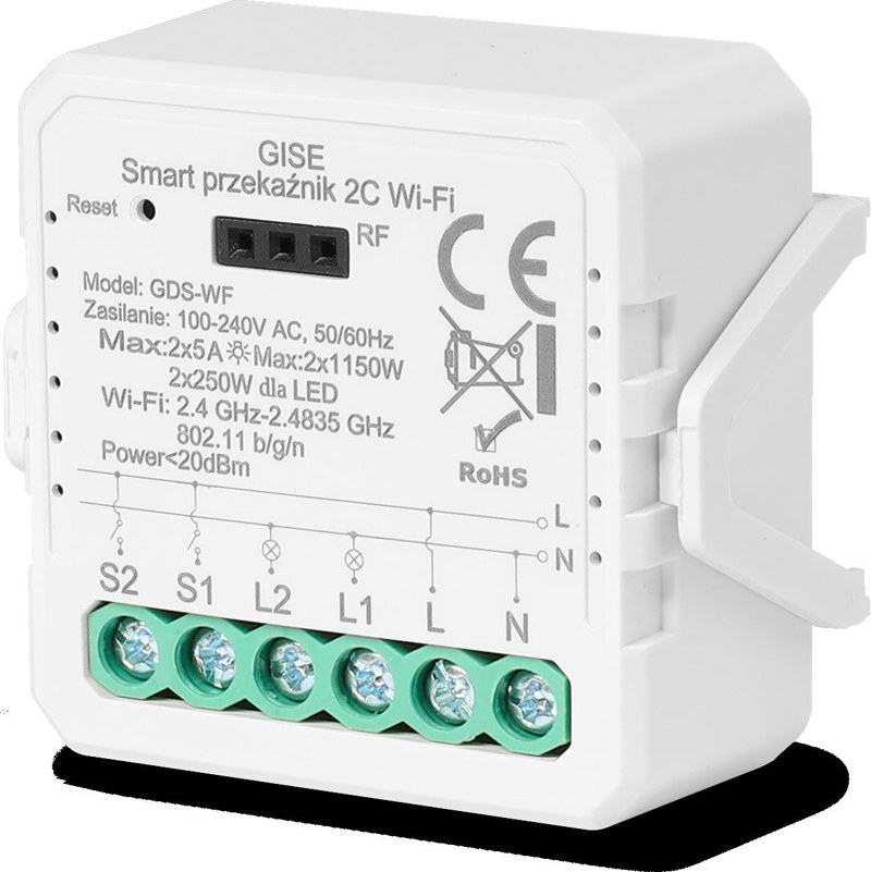 GISE Smart Podwójny moduł przekaźnikowy WiFi | Tuya | GDS-WF GISE Smart Podwójny moduł przekaźnikowy WiFi | Tuya | GDS-WF