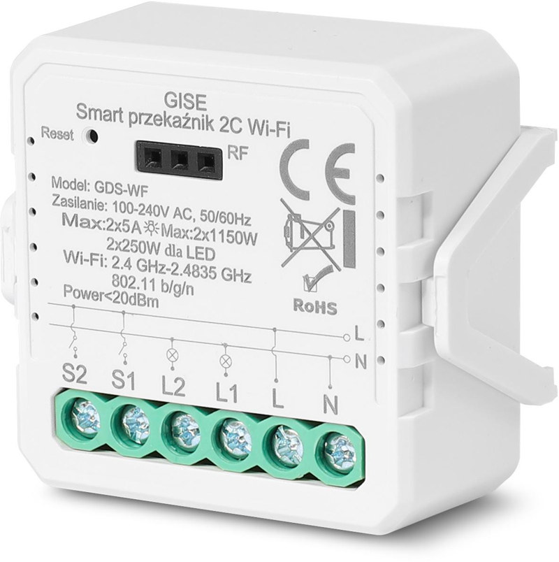 GISE Smart Podwójny moduł przekaźnikowy WiFi | Tuya | GDS-WF GISE Smart Podwójny moduł przekaźnikowy WiFi | Tuya | GDS-WF
