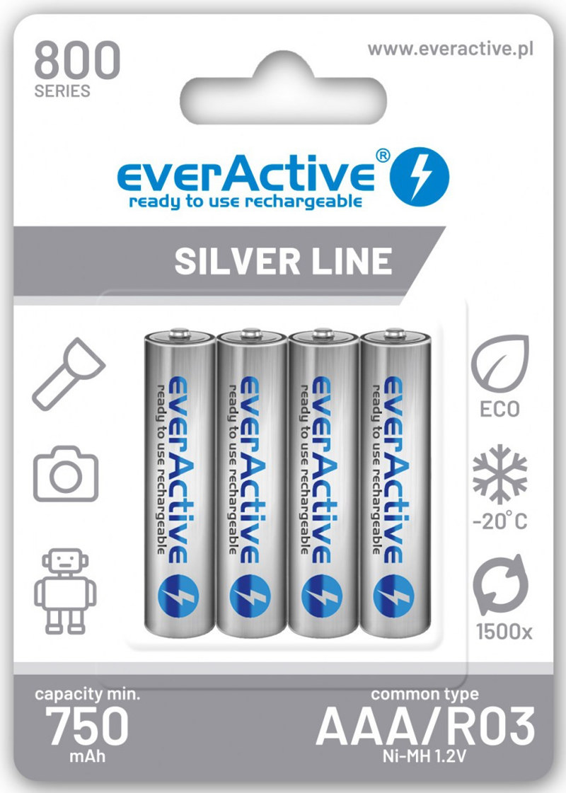 Akumulatorki AAA / R03 Ni-MH everActive 800mAh Silver Line (box 4 szt.) Akumulatorki AAA / R03 Ni-MH everActive 800mAh Silver Line (box 4 szt.)