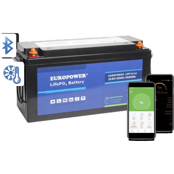 Akumulator LiFePO4 EUROPOWER serii LFP 12,8V 150Ah Bluetooth, mata grzewcza (Żywotność ~2000 cykli)